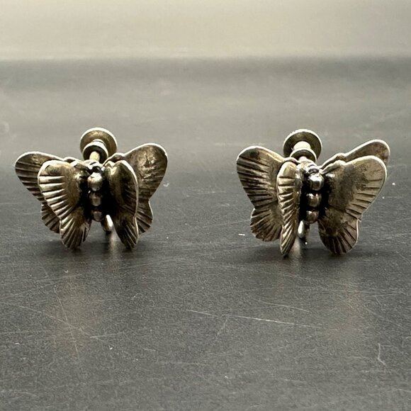 Vintage Sterling Silver Butterfly Screw Back Earrings 3D Double Wing 925 Western - Picture 3 of 8